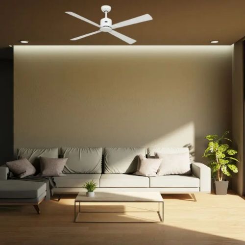 Ventilateur de Plafond Eco Neo Blanc au dessus d'un canapé beige